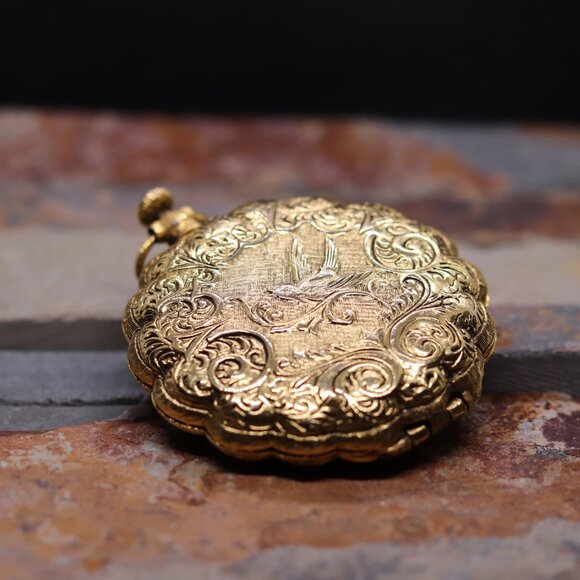 Vintage Max Factor Compact Golden Lark Pocket Watch Style Pendant Compact - Picture 7 of 10